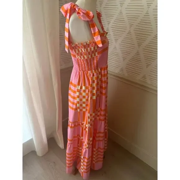 Boutique Women’s Large Pink Orange Gingham Smocked Shoulder Tie Maxi Dress NWT - Picture 7 of 7